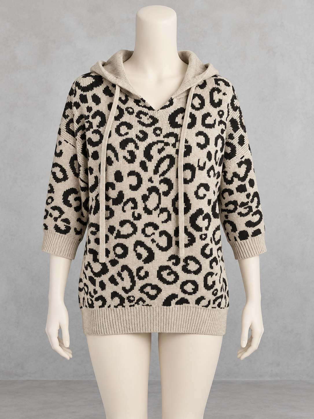 Knit Leopard-Print Hooded Drawstring Pullover Relaxed-Fit Sweater