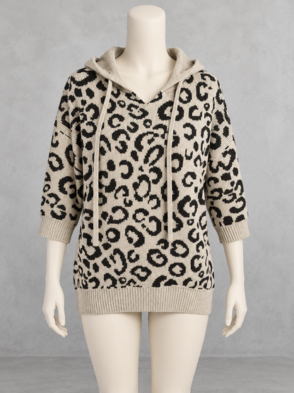 Knit Leopard-Print Hooded Drawstring Pullover Relaxed-Fit Sweater