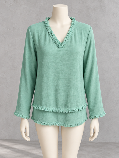Women's Solid-Color V-Neck Relaxed-Fit Long-Sleeve T-Shirt