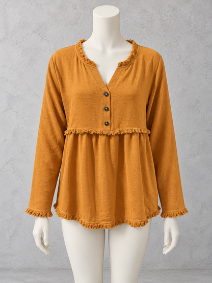 Women's Linen-Blend V-Neck Fringe-Trim Lace-Trim Patchwork Shirt