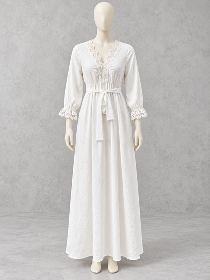 Women's V-Neck Lace-Trim Belted Flared Apparel