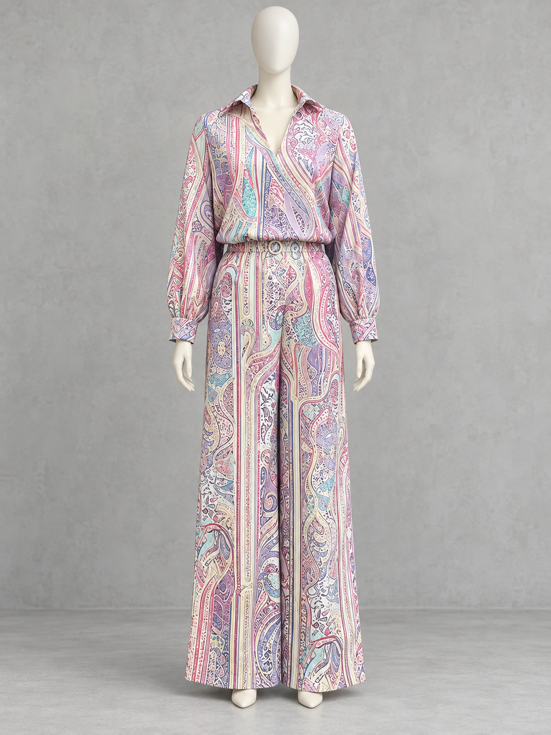 Women's V-Neck Long-Sleeve Wide-Leg Top & Pants Set