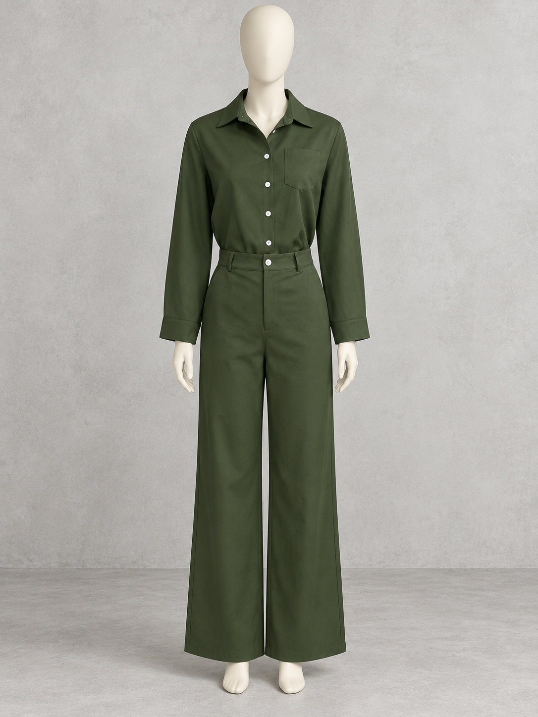 Women's Solid-Color Long-Sleeve High-Waist Wide-Leg Top & Pants Set