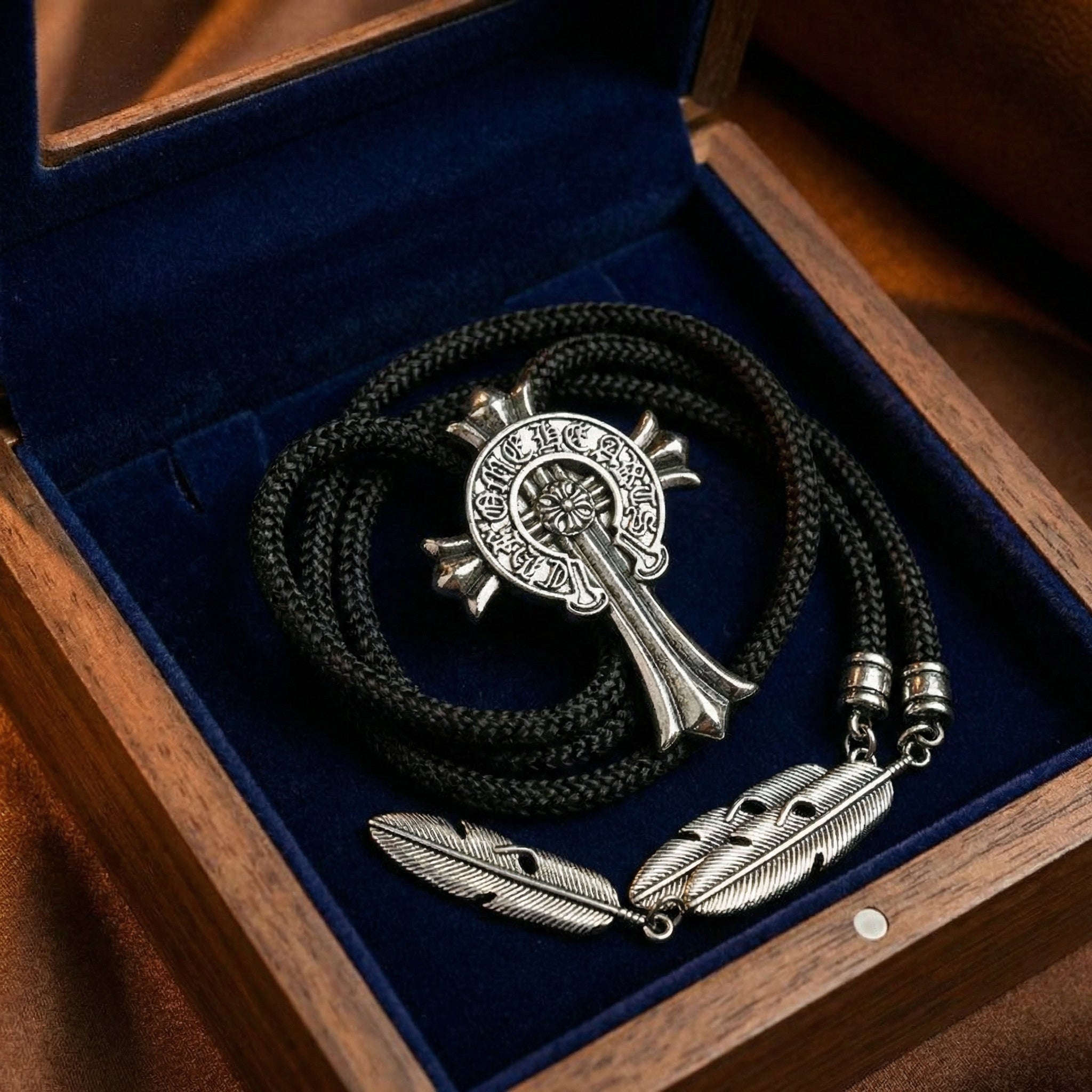 Sanskrit cross cowboy bolo tie, feather pendant men's necktie