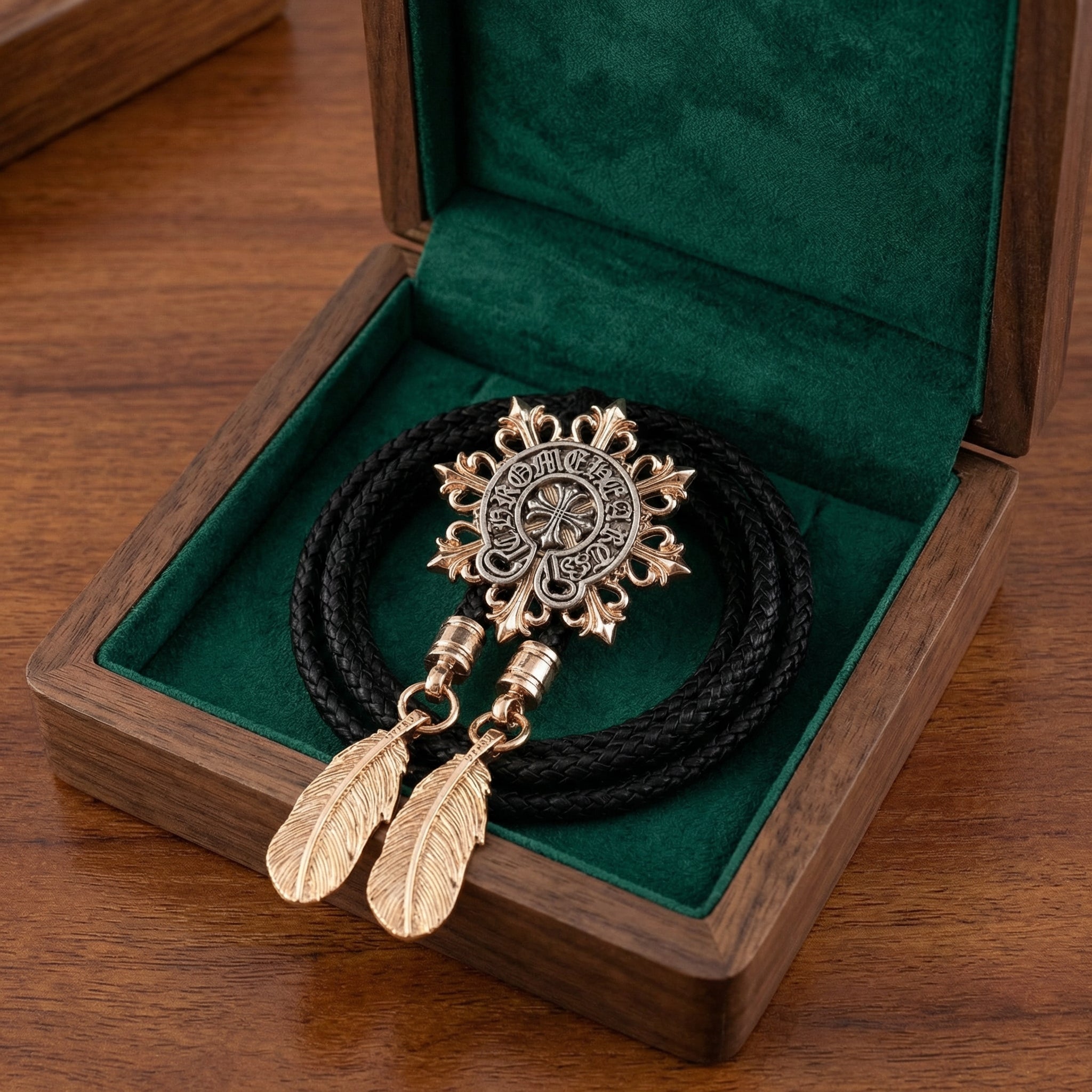 Sanskrit crown cross cowboy bolo tie, feather pendant men's chrome necktie