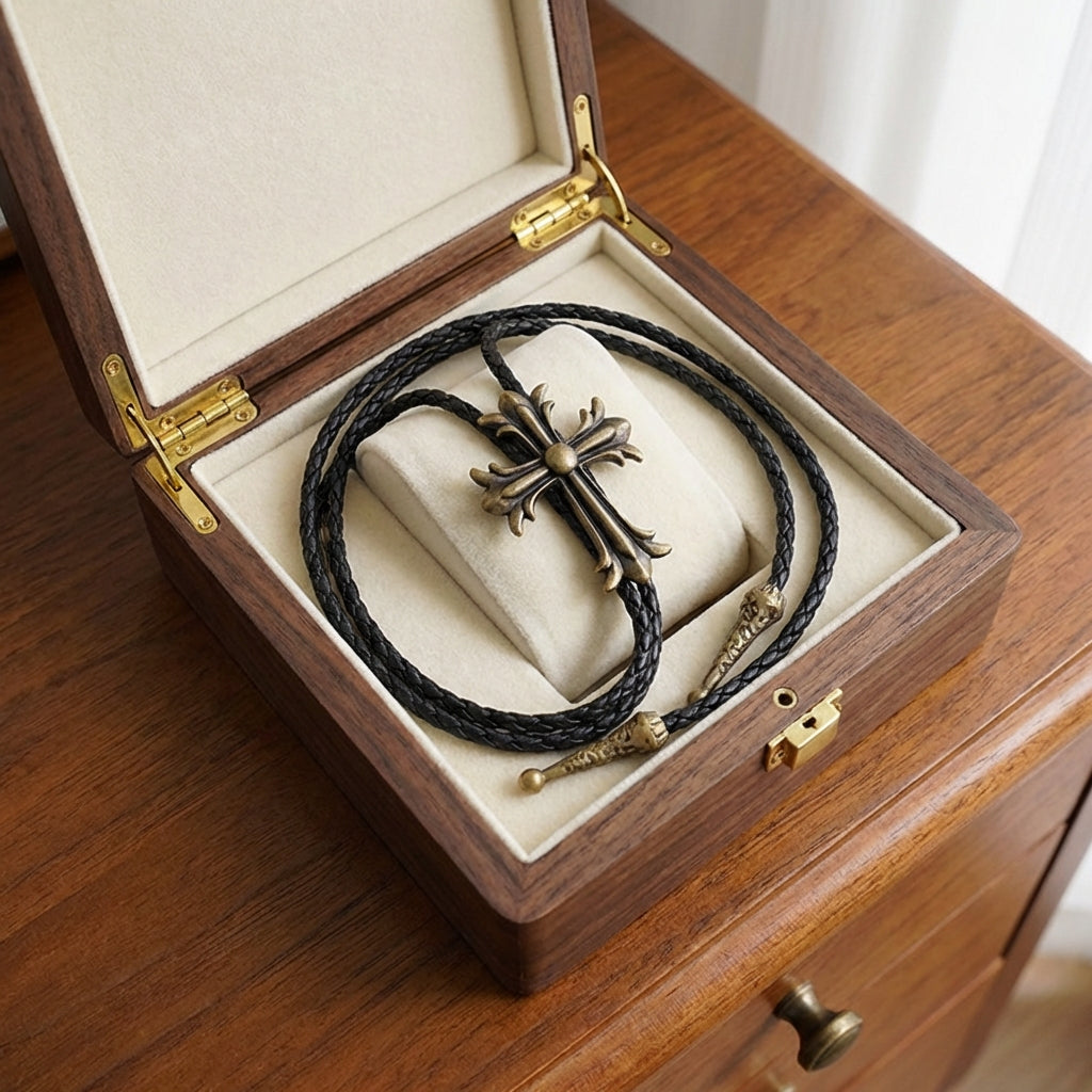 Vintage Gothic style cross bolo tie, vintage wedding necktie