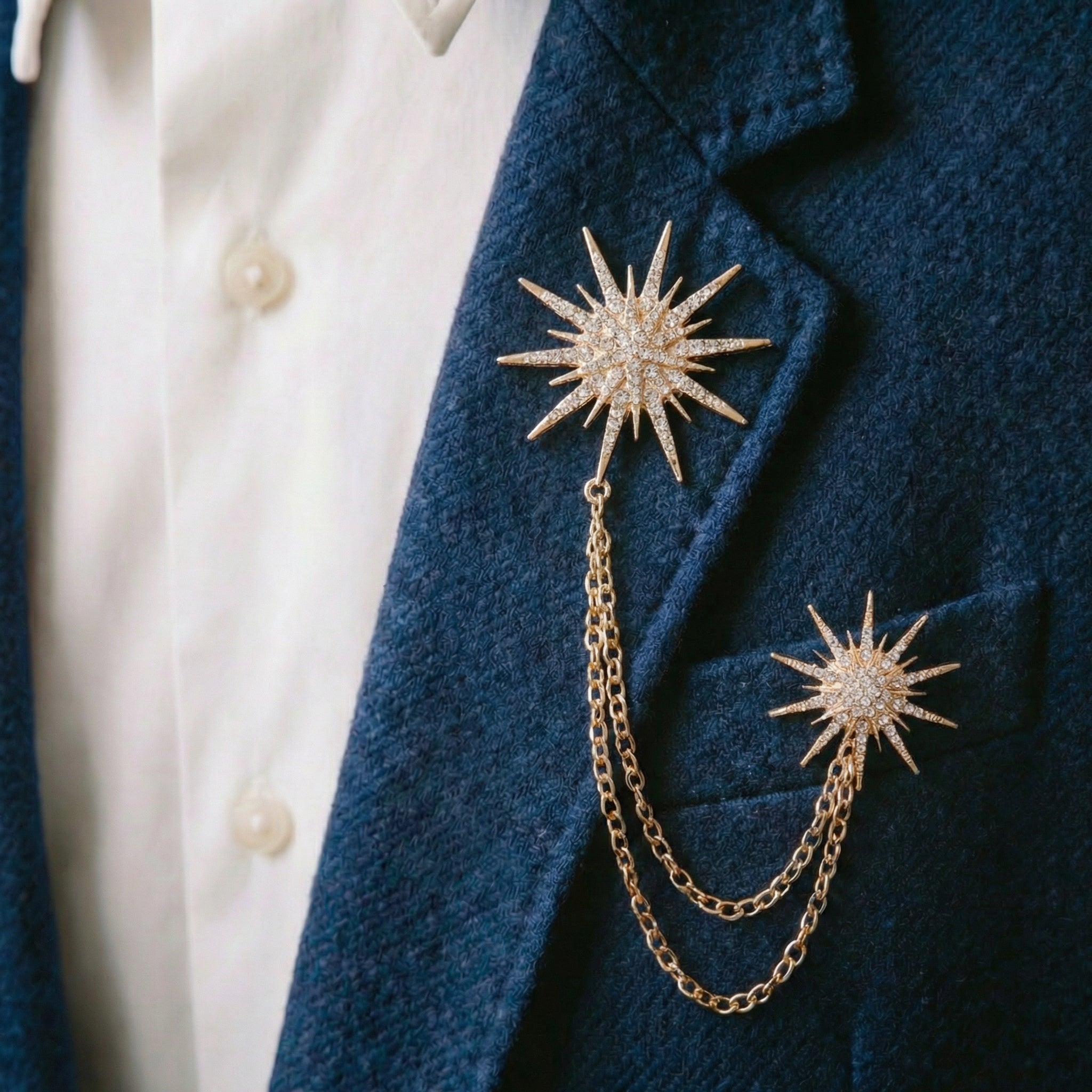 Double sun lapel pins with chains, men's suit brooches