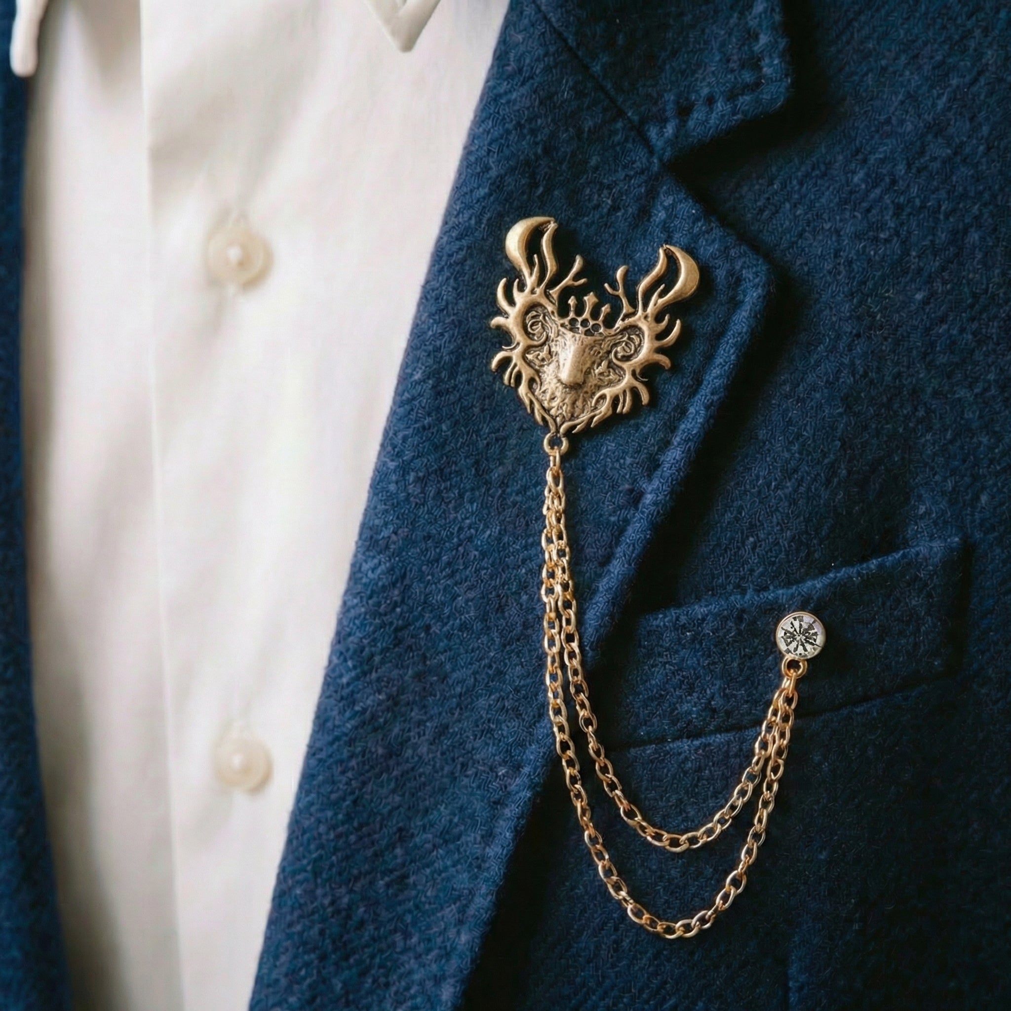 Eastern dragon lapel pins with chains, men's suit brooches zircon suit pins