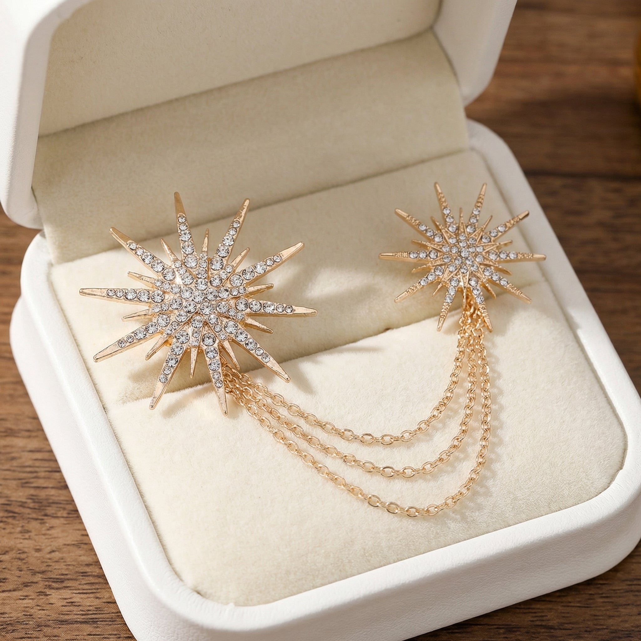 Double sun lapel pins with chains, men's suit brooches