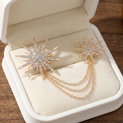 Double sun lapel pins with chains, men's suit brooches