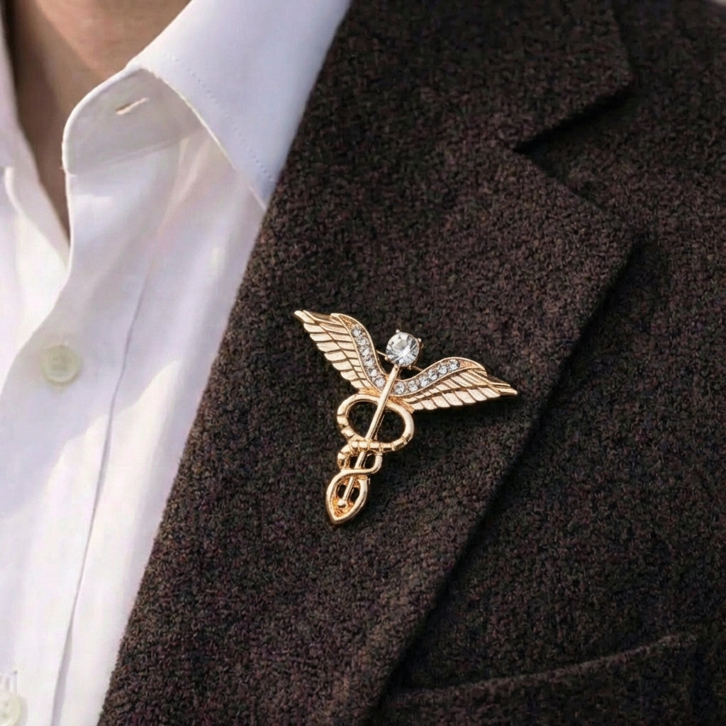 Double Helix Angel Wings Zirconia Scepter Brooch for Men - Lapel Pins