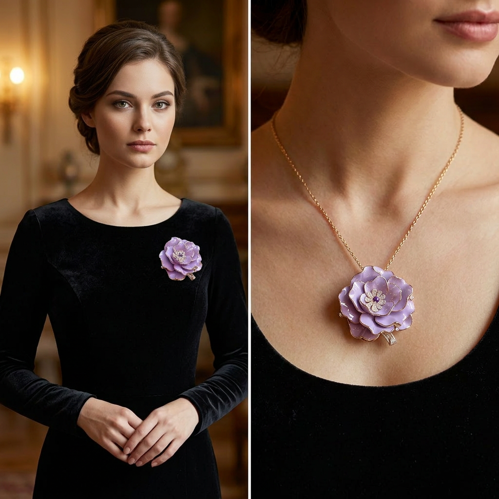 Luxury vintage rose brooch, multi-layered three-dimensional flower in a courtly style