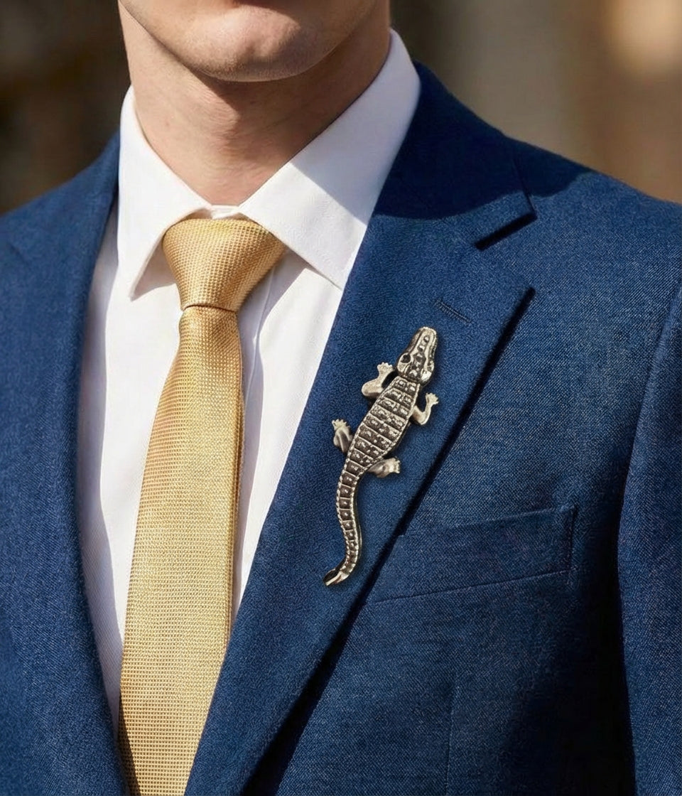 Vintage Alligator Brooch, Gold & Silver Crocodile Pins, Animal Jewelry, Statement Lapel Pin, Unique Gift for Her or Him