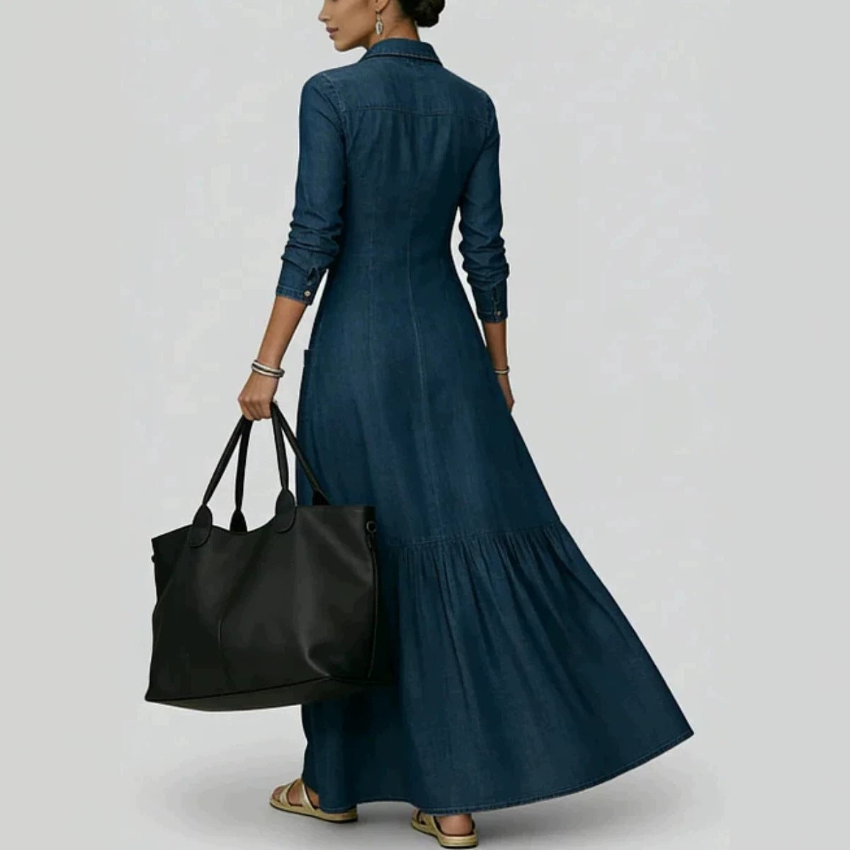Women's Denim Solid-Color Patchwork Button-Front Slim-Fit Long-Sleeve Skirt