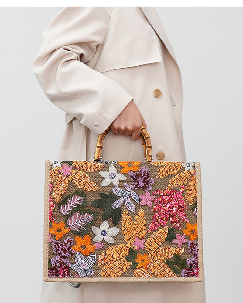 Luxury Bamboo Handle Sequin Floral Tote Bag - Large Capacity Straw & Jute Embroidered Travel Handbag
