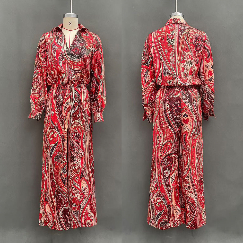 Women's V-Neck Long-Sleeve Wide-Leg Top & Pants Set