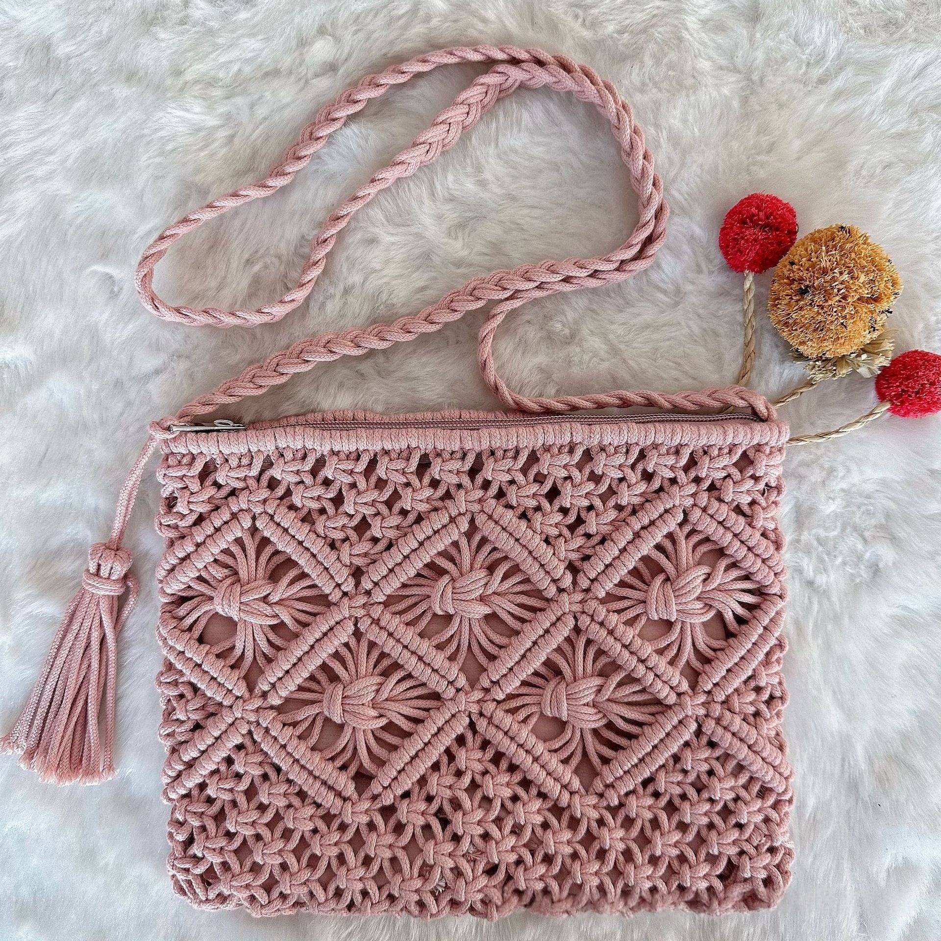 Bohemian Macrame Woven Crossbody Bag - Handmade Cotton Rope Envelope Clutch & Beach Purse with Tassel