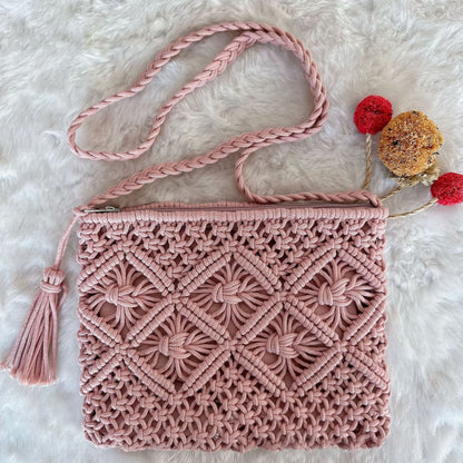 Bohemian Macrame Woven Crossbody Bag - Handmade Cotton Rope Envelope Clutch & Beach Purse with Tassel
