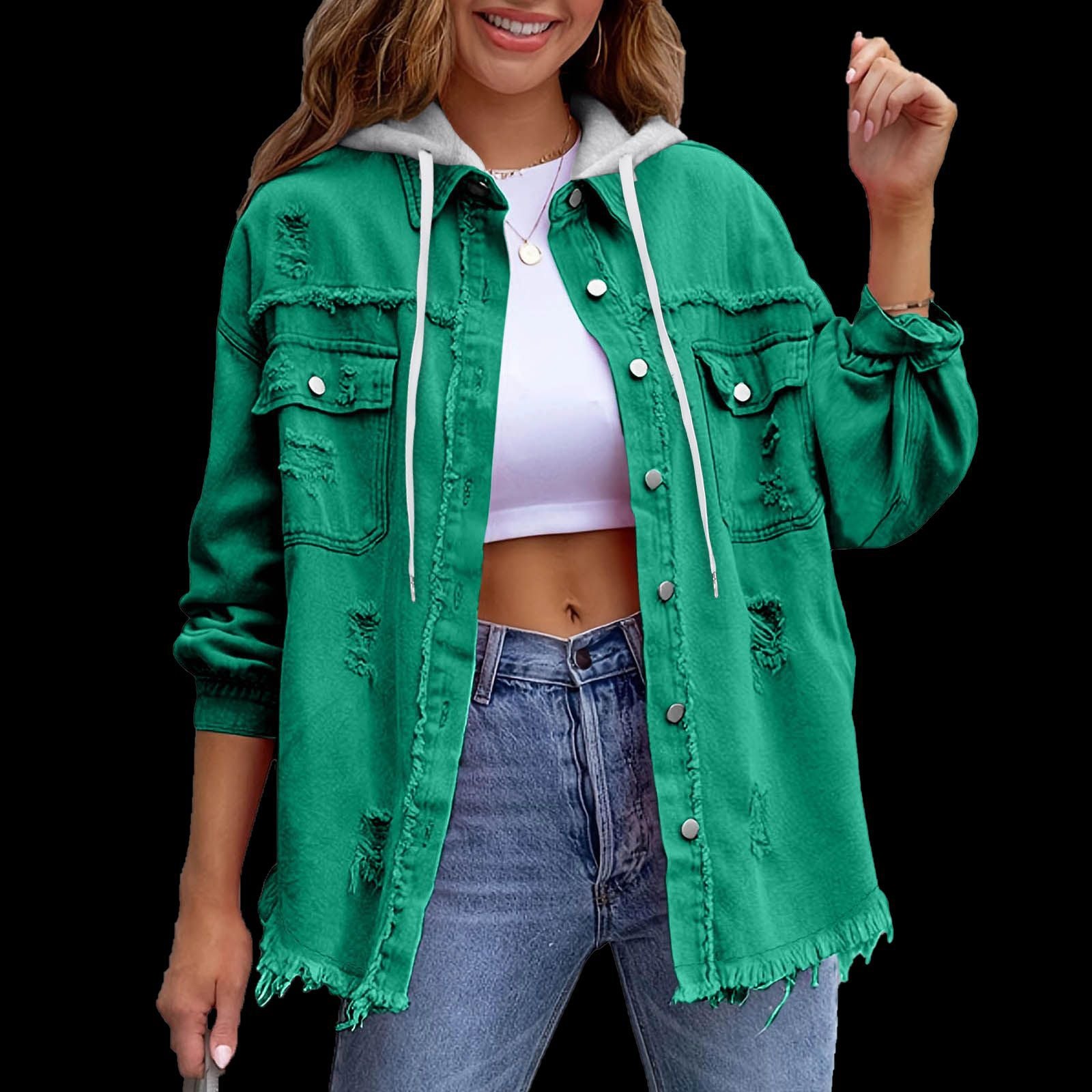 Women's Hooded Distressed Denim Jacket | Casual Long Sleeve Washed Jean Shacket Top