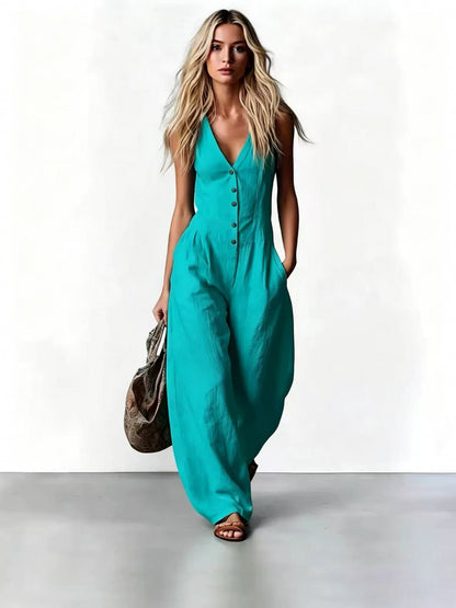 Women's V Neck Sleeveless Jumpsuit, Linen Look Wide Leg One Piece Outfit