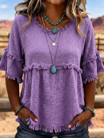 Women's Textured Fringe Short Sleeve Top, Round Neck Casual Summer Blouse
