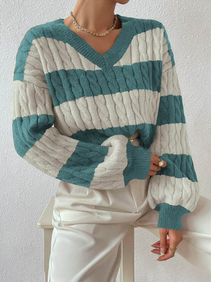 Women's Striped Cable Knit V-Neck Sweater | Casual Loose Fit Color Block Pullover Top