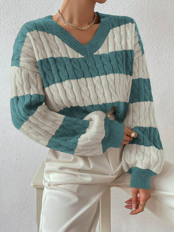 Women's Striped Cable Knit V-Neck Sweater | Casual Loose Fit Color Block Pullover Top