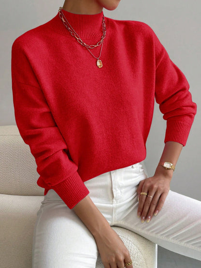 Women’s Mock Neck Long Sleeve Solid Knit Sweater Pullover with Ribbed Trim