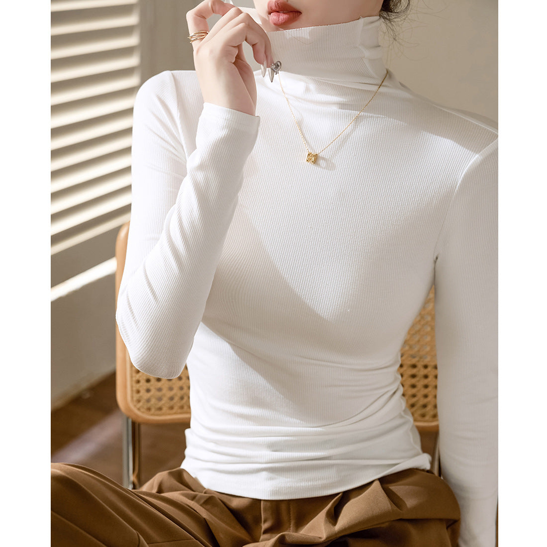 Classic Ribbed Turtleneck Top - Slim Fit High Neck Long Sleeve T-Shirt Base Layer Layering Top