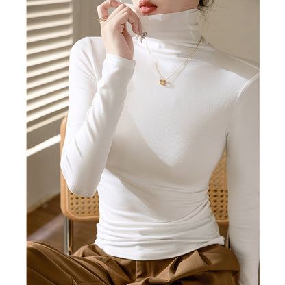 Classic Ribbed Turtleneck Top - Slim Fit High Neck Long Sleeve T-Shirt Base Layer Layering Top