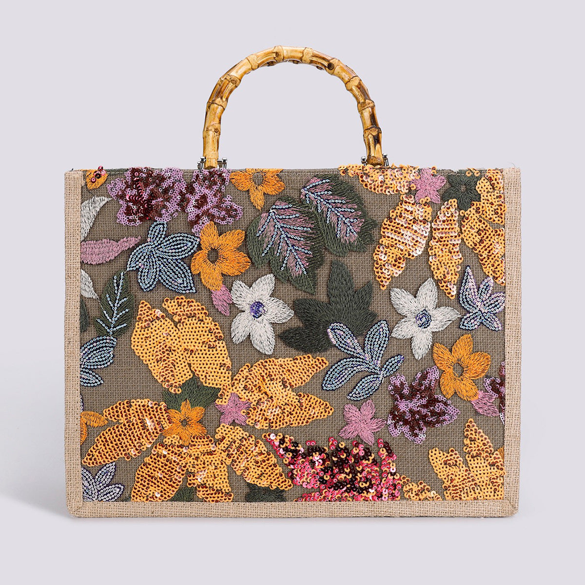 Luxury Bamboo Handle Sequin Floral Tote Bag - Large Capacity Straw & Jute Embroidered Travel Handbag