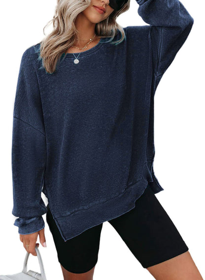 Waffle Knit Oversized Sweatshirt | Loose Fit Round Neck Side Slit Casual Long Sleeve T-Shirt Top