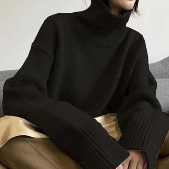 Chic Chunky Turtleneck Sweater - Slouchy Solid Knit Pullover Loose Fit Warm Winter Top