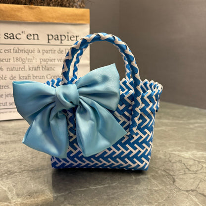 Bohemian Handwoven Upcycled Plastic Tote Bag - Retro Purple Checked Beach Basket with Large Pink Bow
