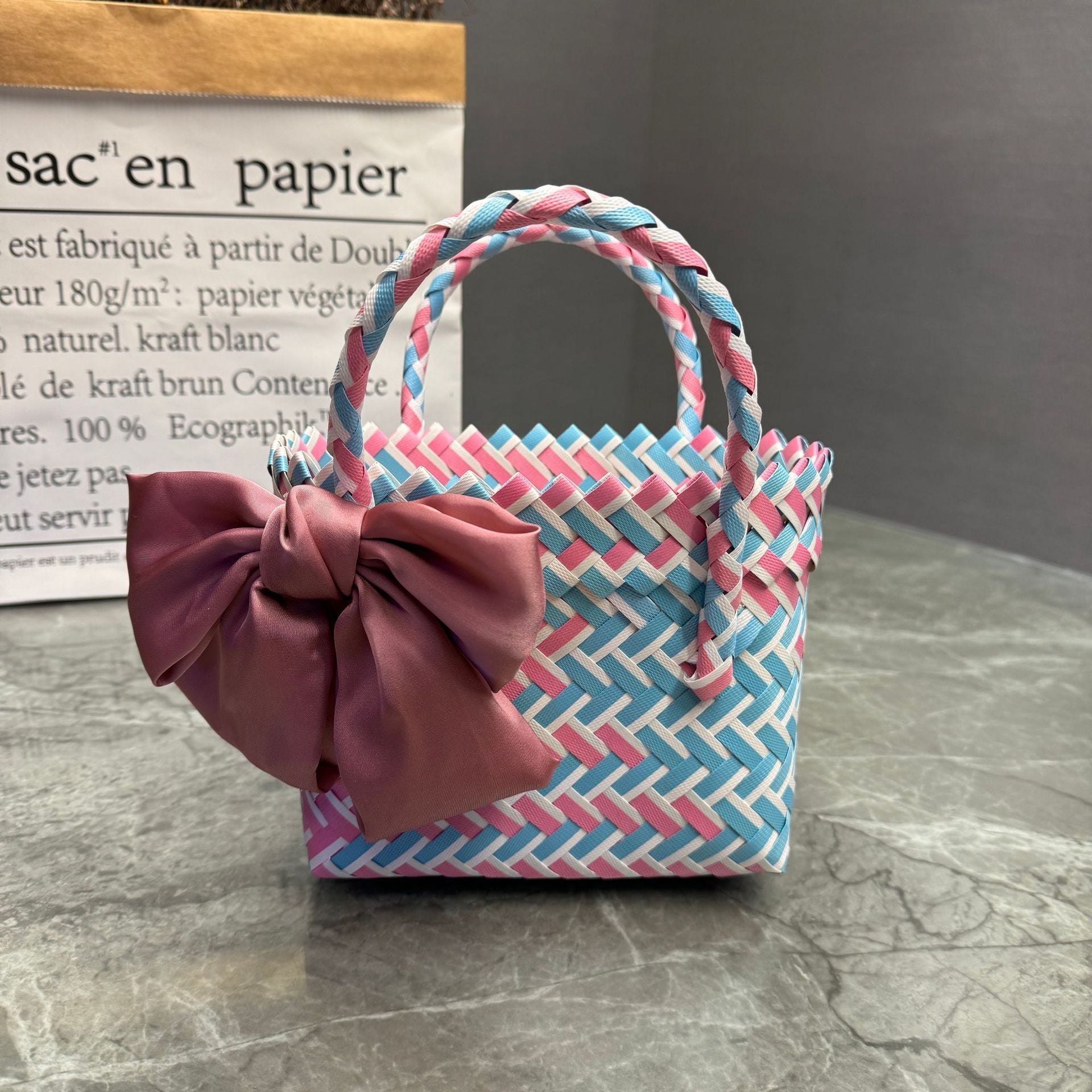 Bohemian Handwoven Upcycled Plastic Tote Bag - Retro Purple Checked Beach Basket with Large Pink Bow