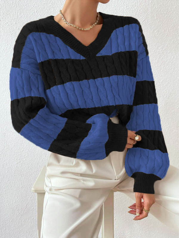 Women's Striped Cable Knit V-Neck Sweater | Casual Loose Fit Color Block Pullover Top
