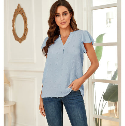Swiss Dot V-Neck Chiffon Blouse | Ruffle Short Sleeve Casual Elegant Summer Shirt Top