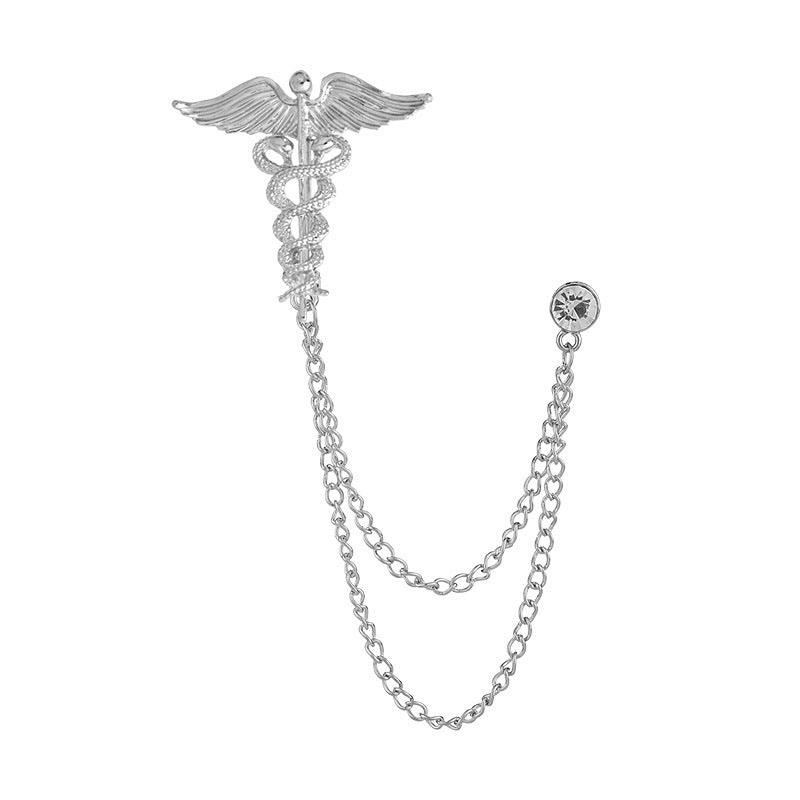 Lapel pins with chains, winged double serpent staff