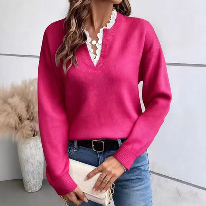 Chic Faux Two-Piece Knit Sweater - Elegant Lace Trim V-Neck Long Sleeve Pullover