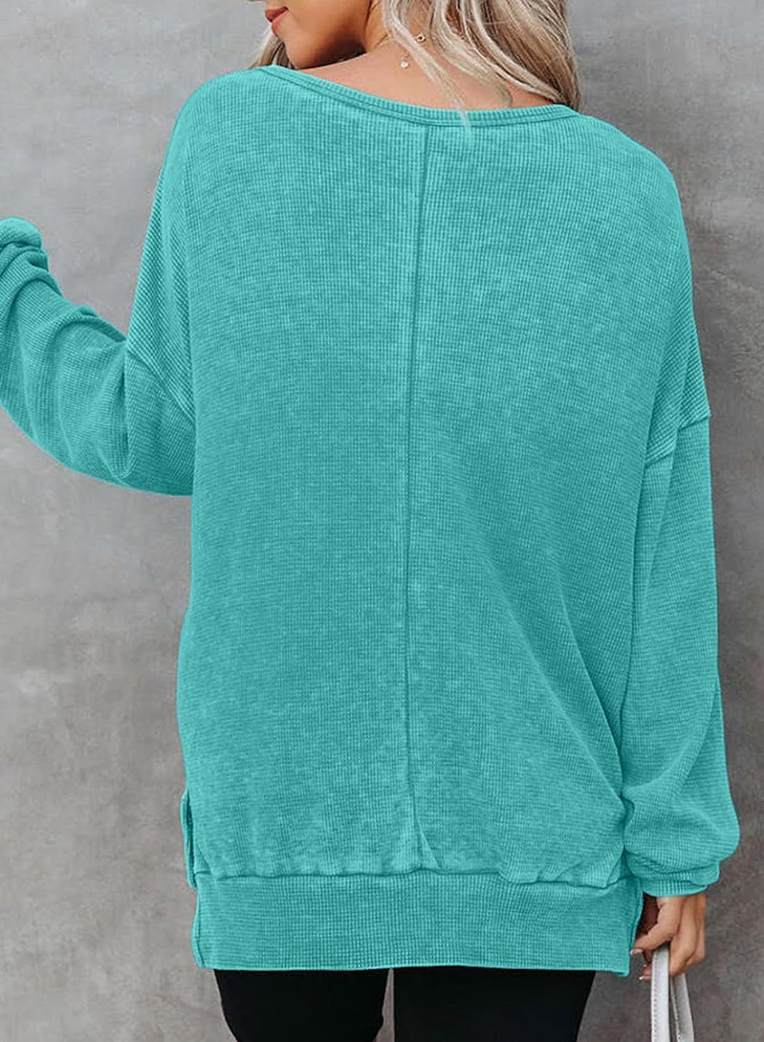 Waffle Knit Oversized Sweatshirt | Loose Fit Round Neck Side Slit Casual Long Sleeve T-Shirt Top