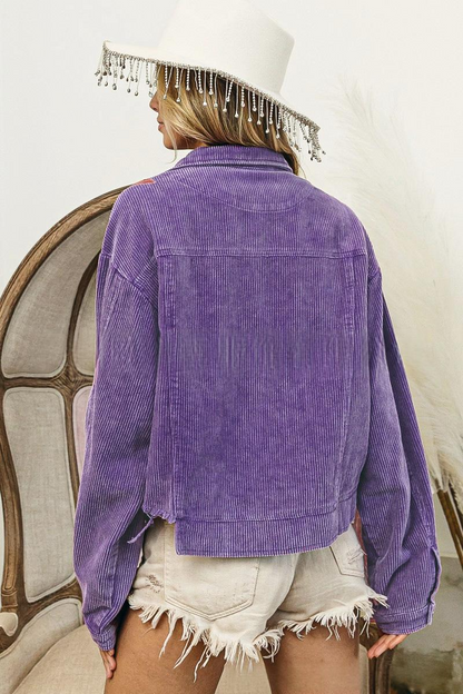 Corduroy Lapel Collar Long Sleeve Button-Front Point-Collar Relaxed-Fit Jacket for Everyday Smart-Casual Wear