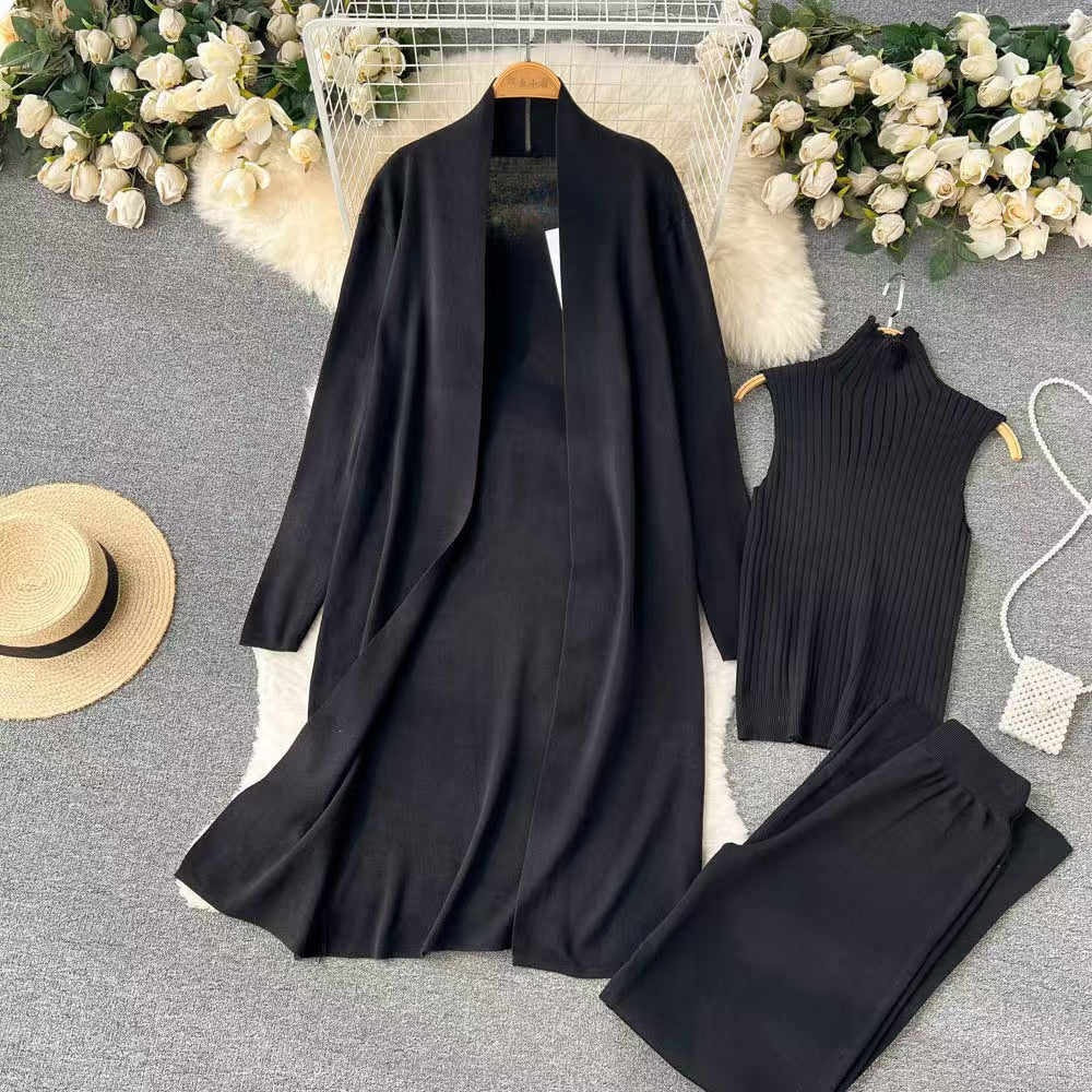 Mercerized Cotton Knit 3-Piece Set | Sleeveless Mock Neck Sweater Open Front Cardigan & Wide Leg Pants Suit