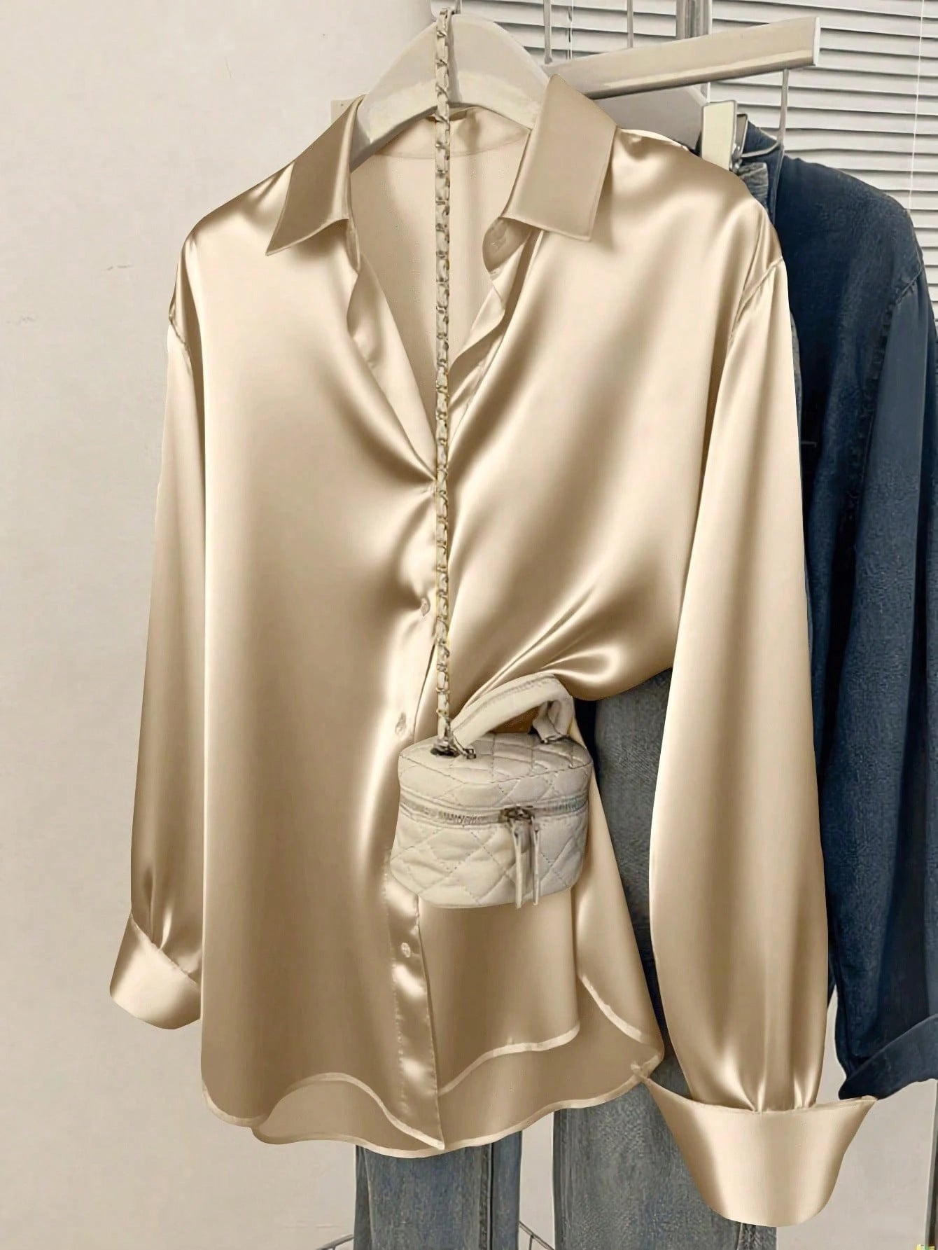 Luxury Silk-Satin Long Sleeve Blouse - Elegant Button-Down Business Casual Work Shirt for Women