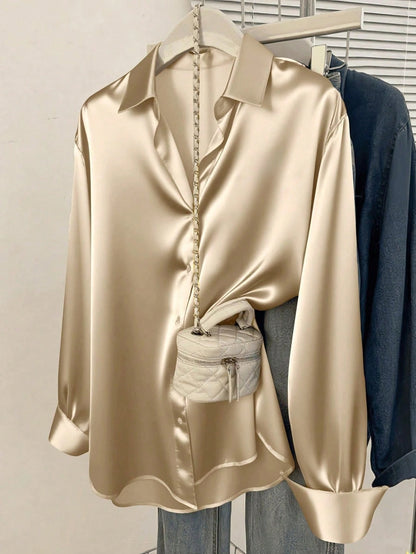 Luxury Silk-Satin Long Sleeve Blouse - Elegant Button-Down Business Casual Work Shirt for Women