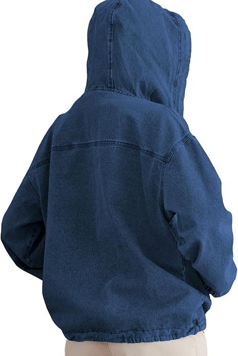 Retro Light Wash Denim Hooded Sweatshirt for Women - Loose Fit Drawstring Hem Jean Pullover Top