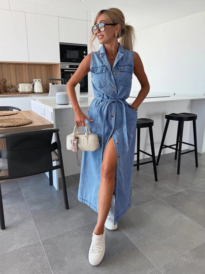 Vintage Solid Pink Denim Shirt Dress for Women - Elegant Turn-Down Collar Vest Dress