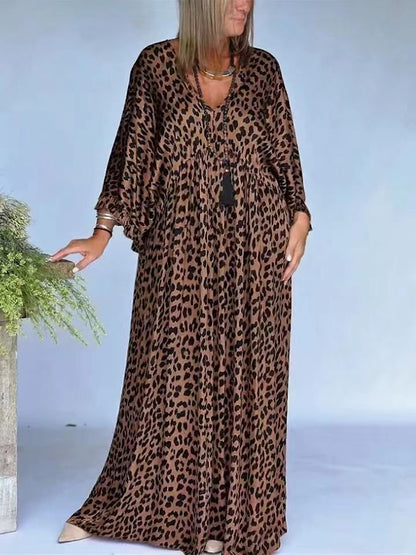 Knit Leopard-Print Printed V-Neck Pullover Relaxed-Fit Dress