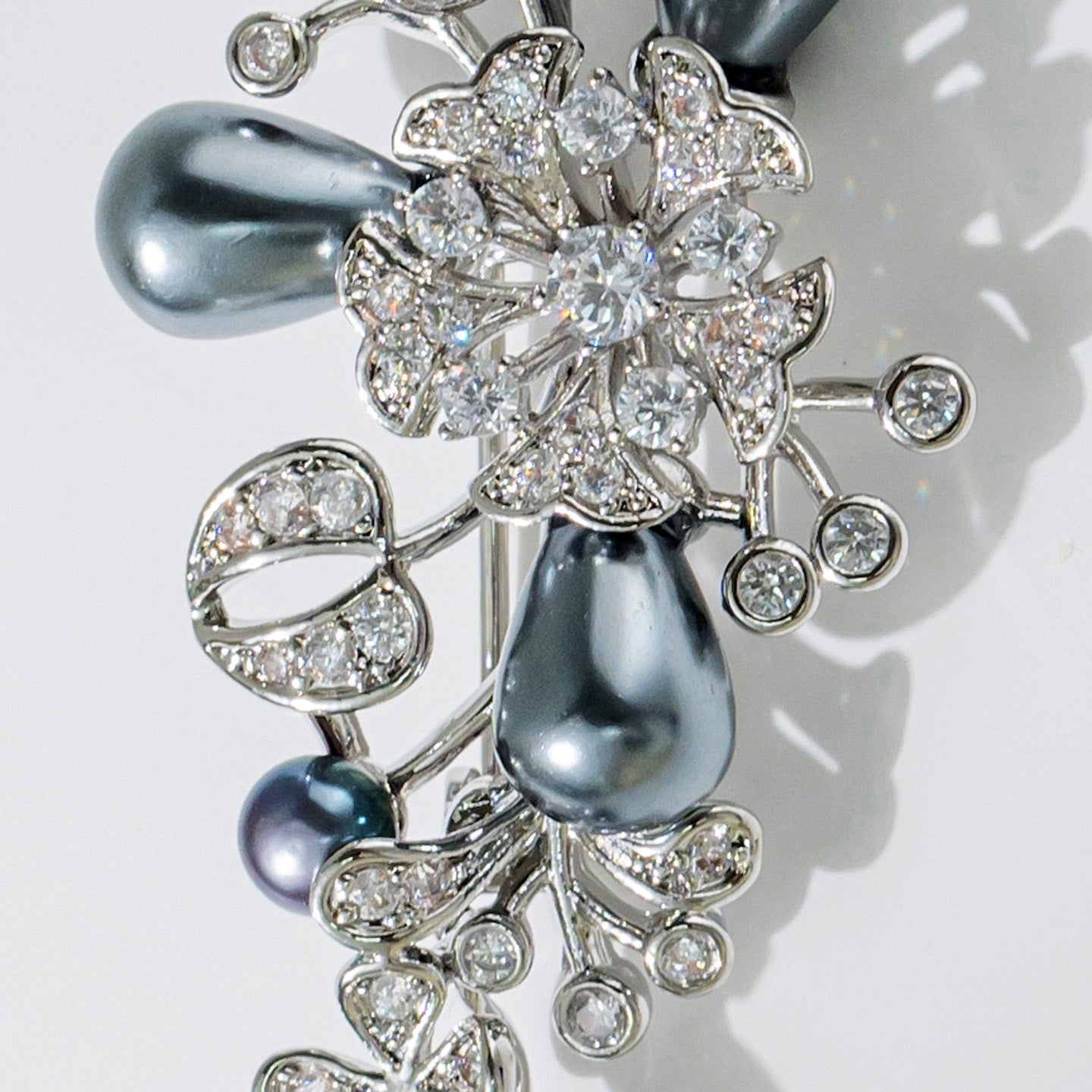 Vintage Lucky Clover Brooch, Natural Black Pearl Wedding Brooch