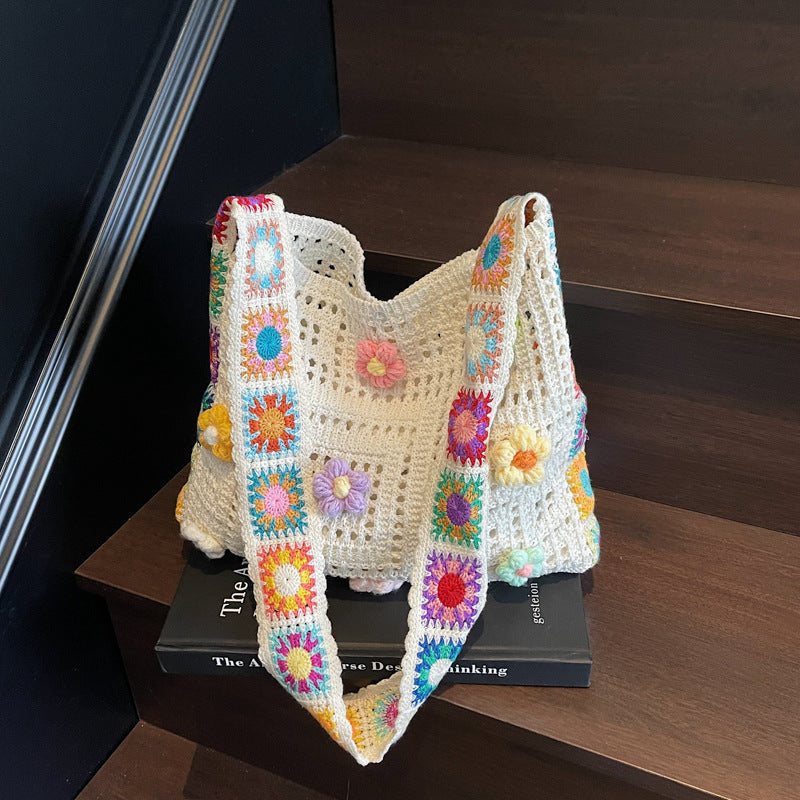 Bohemian Granny Square Crochet Tote Bag - Handmade Floral Knit Beach Shoulder Purse for Women