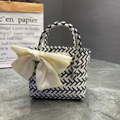 Bohemian Handwoven Upcycled Plastic Tote Bag - Retro Purple Checked Beach Basket with Large Pink Bow